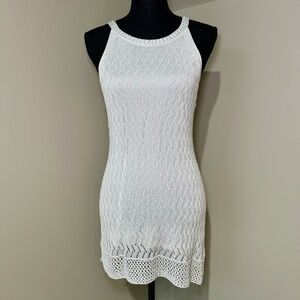 White House black market gray and silver beaded neckline crochet mini dress